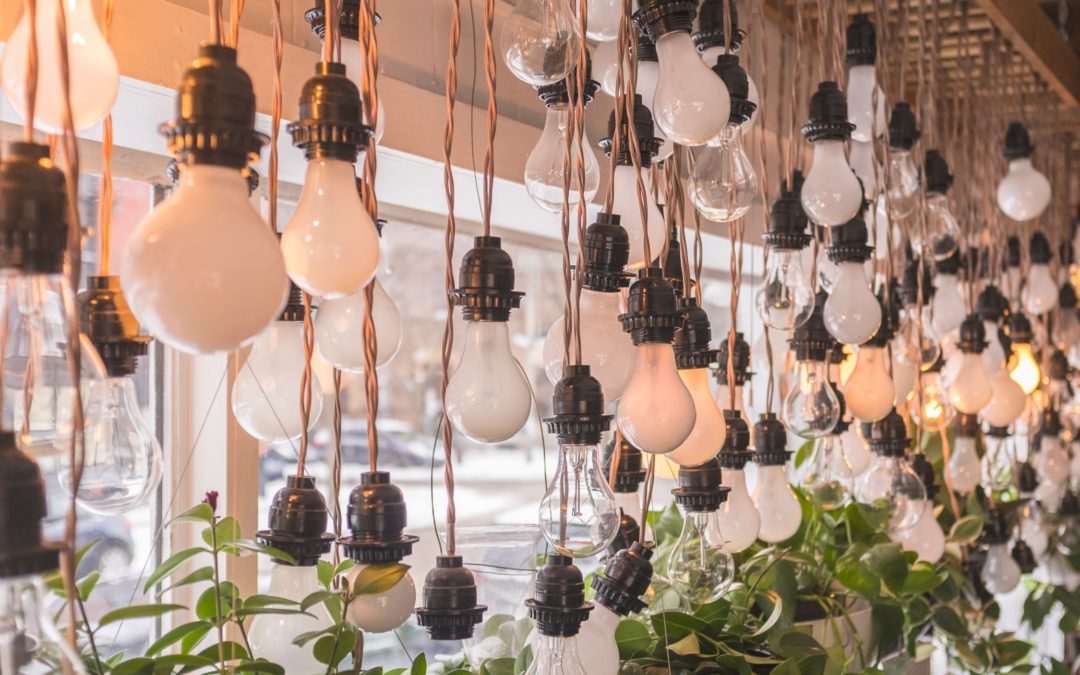 Dozens of hanging lightbulbs