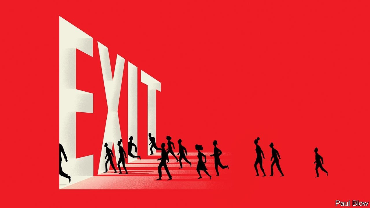 People running to an Exit door