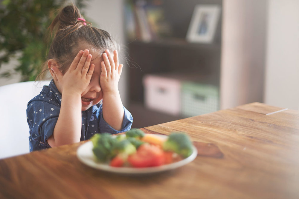 Little girl covering her face with a plate of vegetables in front of her