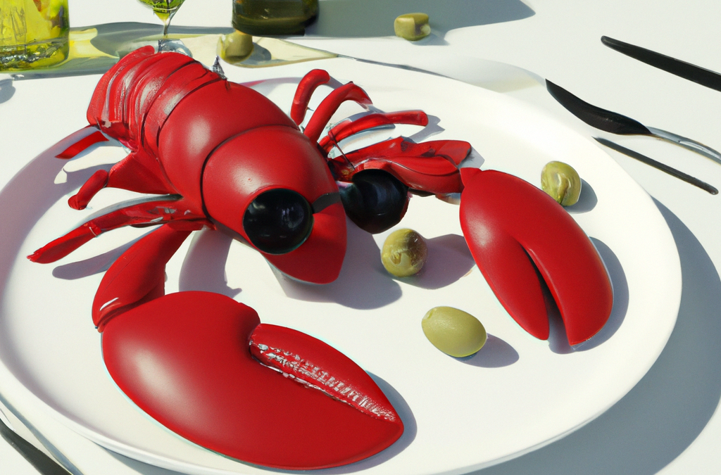 3D rendering of a red lobster wearing sunglasses laying on a plate in a restaurant