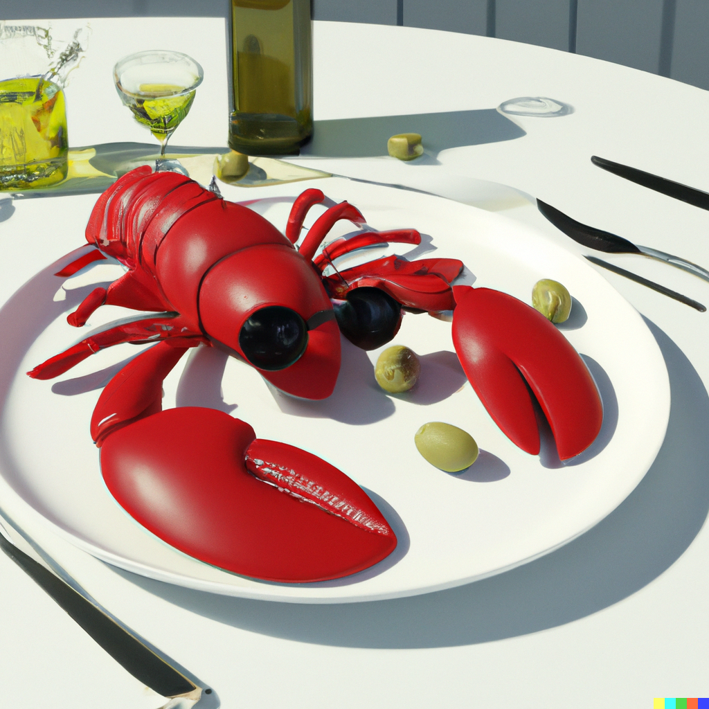 3D rendering of a red lobster wearing sunglasses laying on a plate in a restaurant