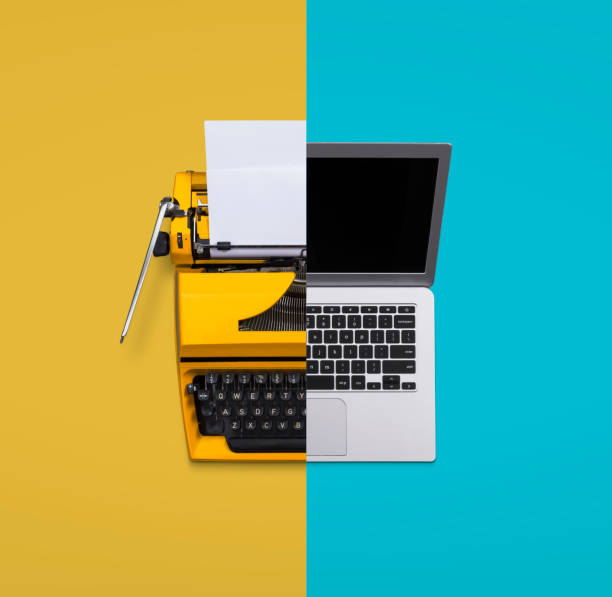 Split image of a typewriter and a laptop