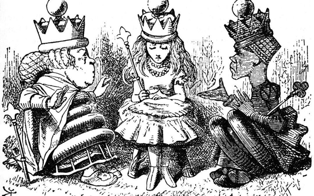 Sketch of Alice being yelled at by the Red Queen and the White Queen