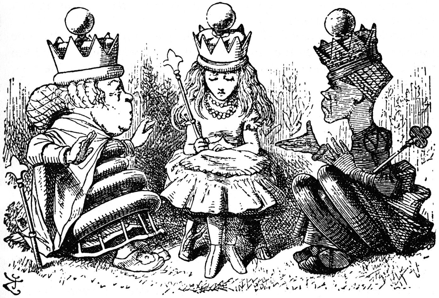 Sketch of Alice being yelled at by the Red Queen and the White Queen