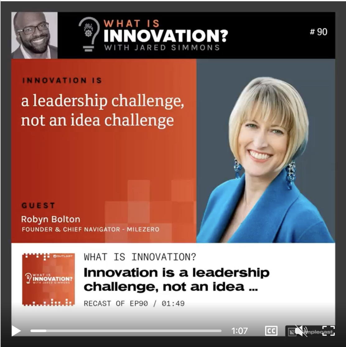 "Cover art" for podcast with title "Innovation is a leadership challenge, not an idea challenge"