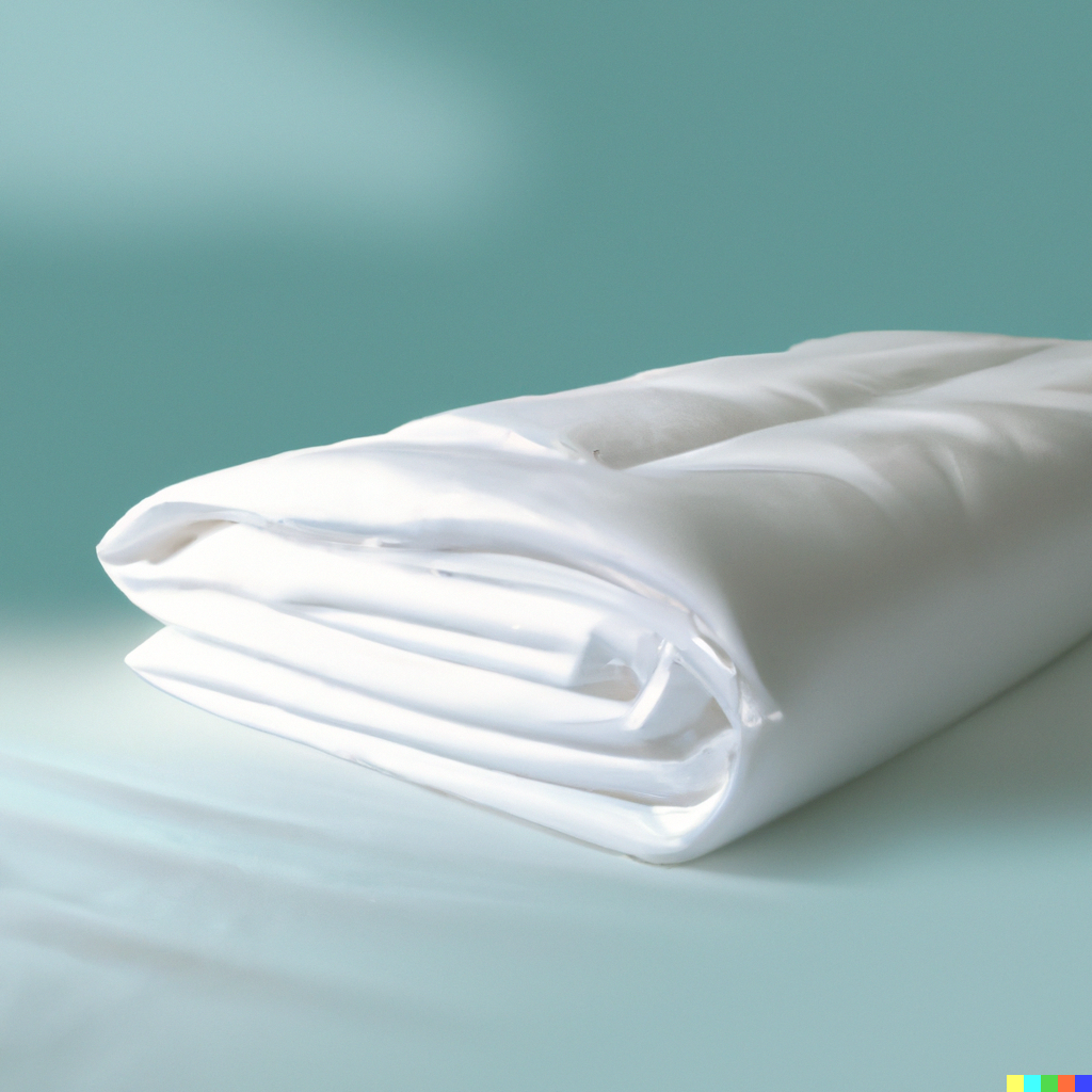 Folder white comforter with a teal background
