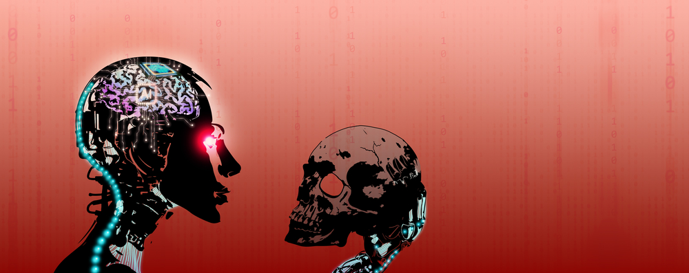 Stylized image of a robot looking at a human skull