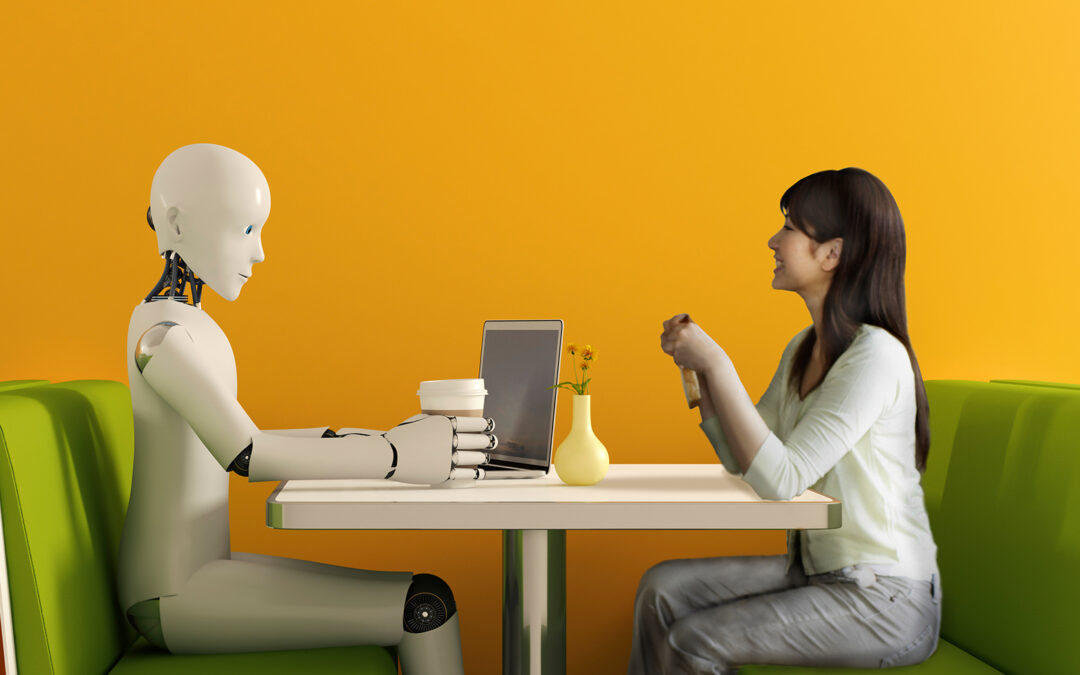 A robot and a human sitting in a booth having coffee together