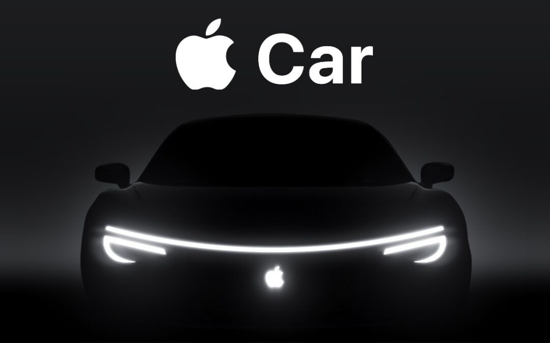 black and white image of a futuristic cars headlights with Apple Car written above it