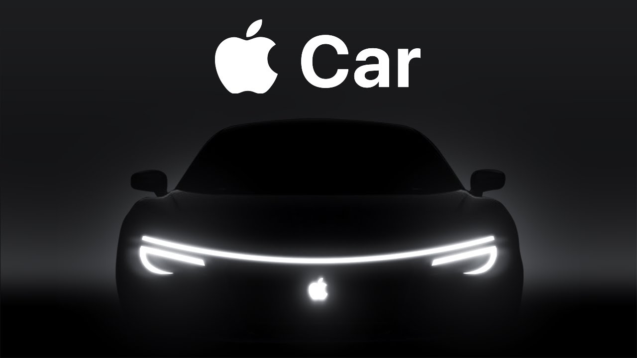 black and white image of a futuristic cars headlights with Apple Car written above it