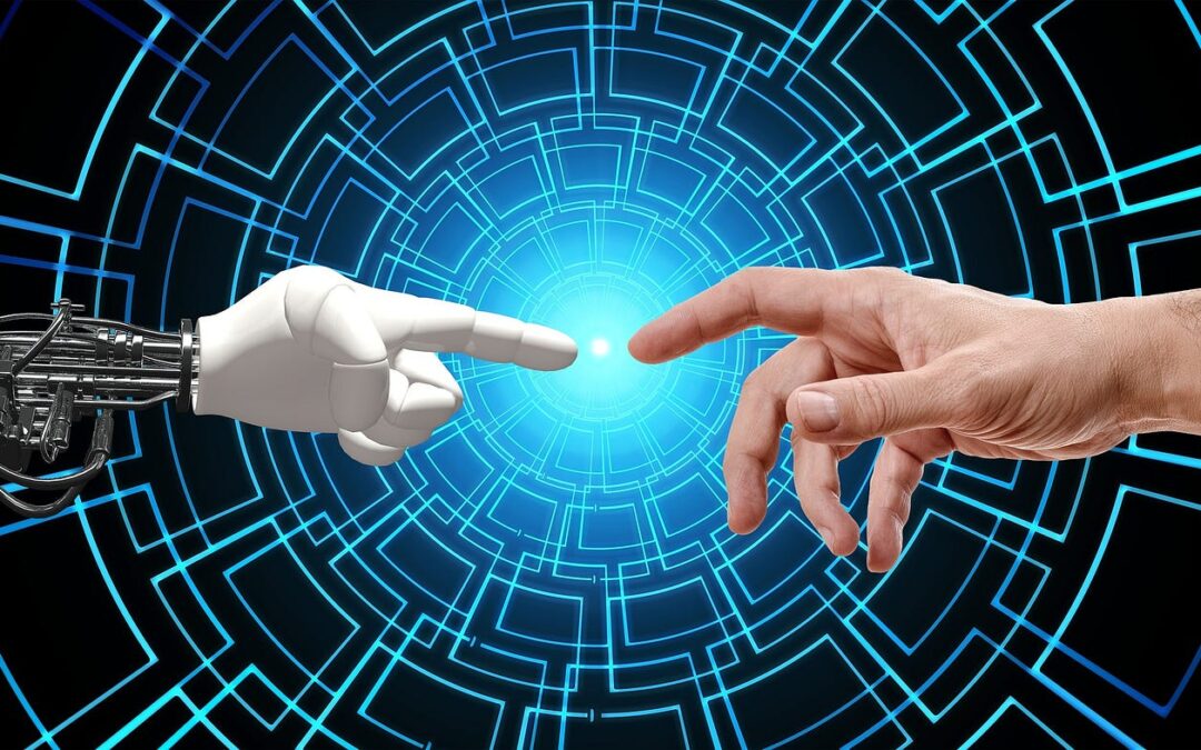 A robot hand and a human hand reaching towards each other