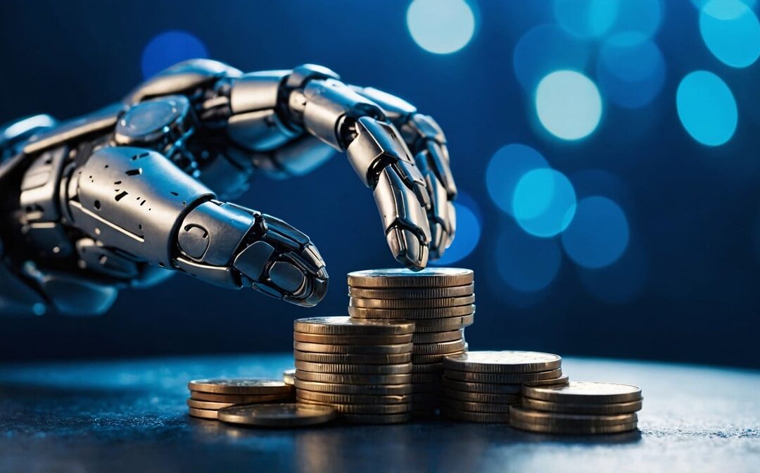 Futuristic robot imteracting with a pile of coins