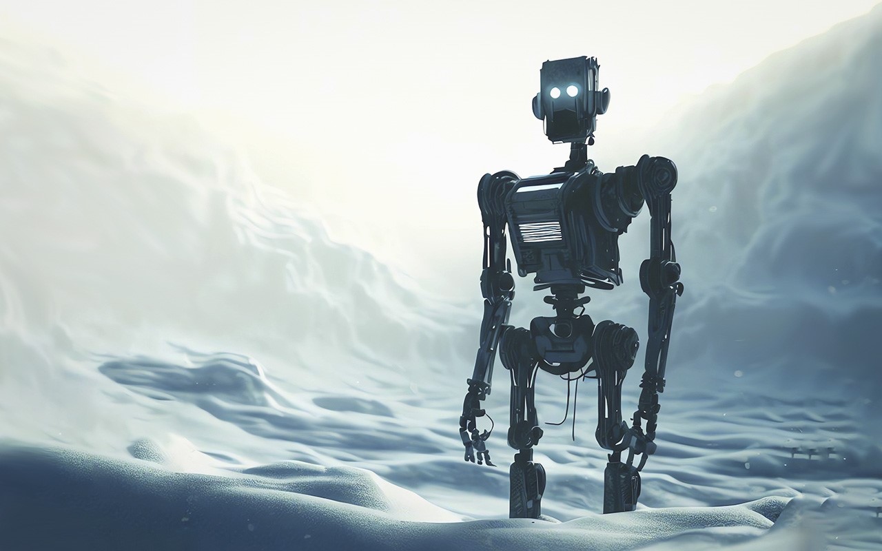 Robot standing in the snow