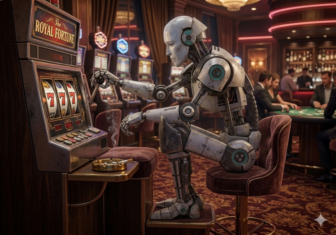 Robot playing a slot machine at a casino